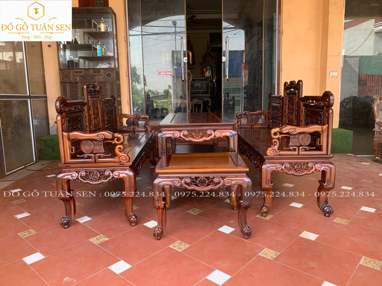 Hình ảnh bộ trường kỷ tam sơn gỗ gụ ta quảng bình 